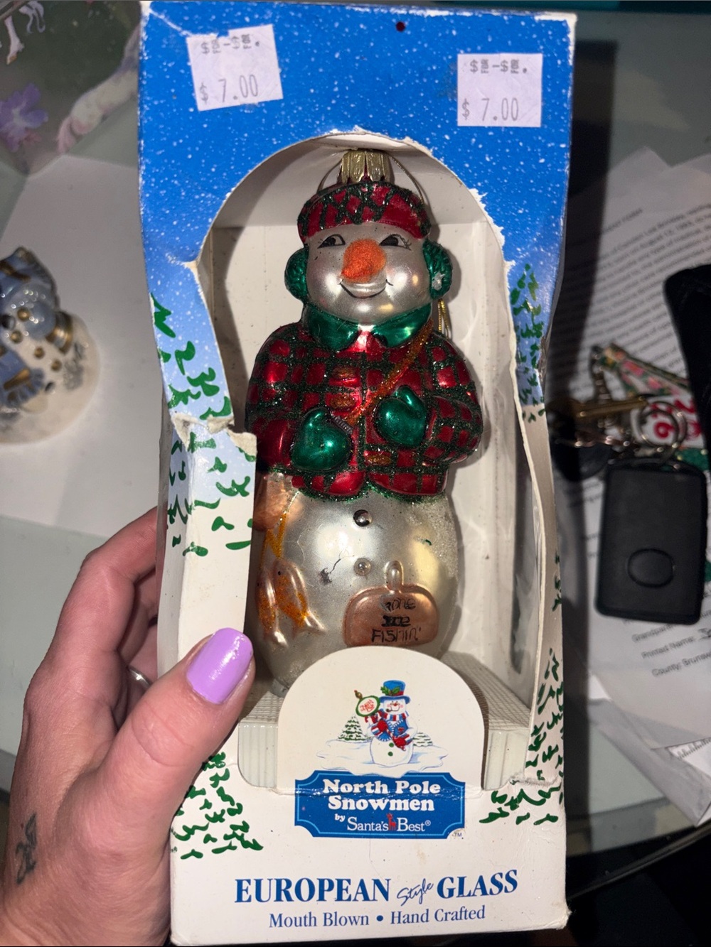 Santa's Best North Pole Snowmen Red & Green Glass Snowman Ornament